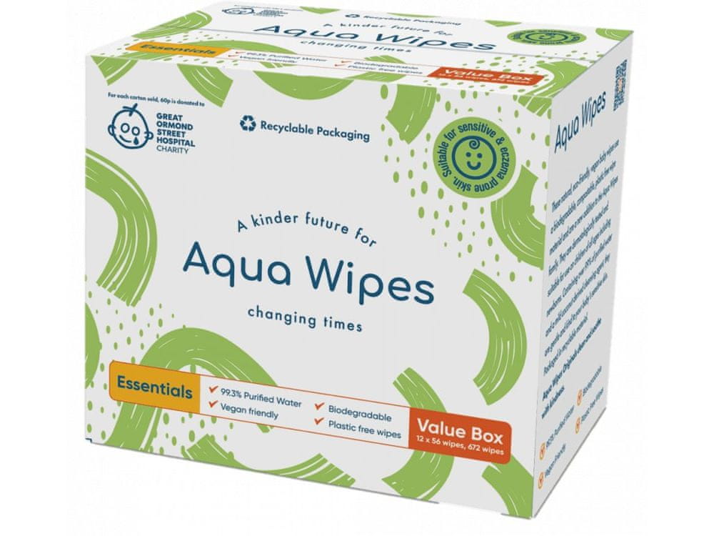 Aqua Wipes 100 % rozložiteľné obrúsky, 99 % vody, 12 x 56 ks